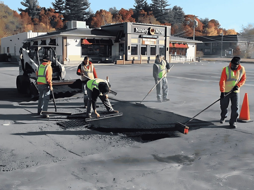 Asphalt paving contractors working on a parking lot